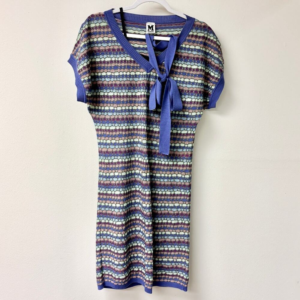 M Missoni Wool Blend Striped V-Neck Knit Sheath Mini Dress Purple Women's Size 8
